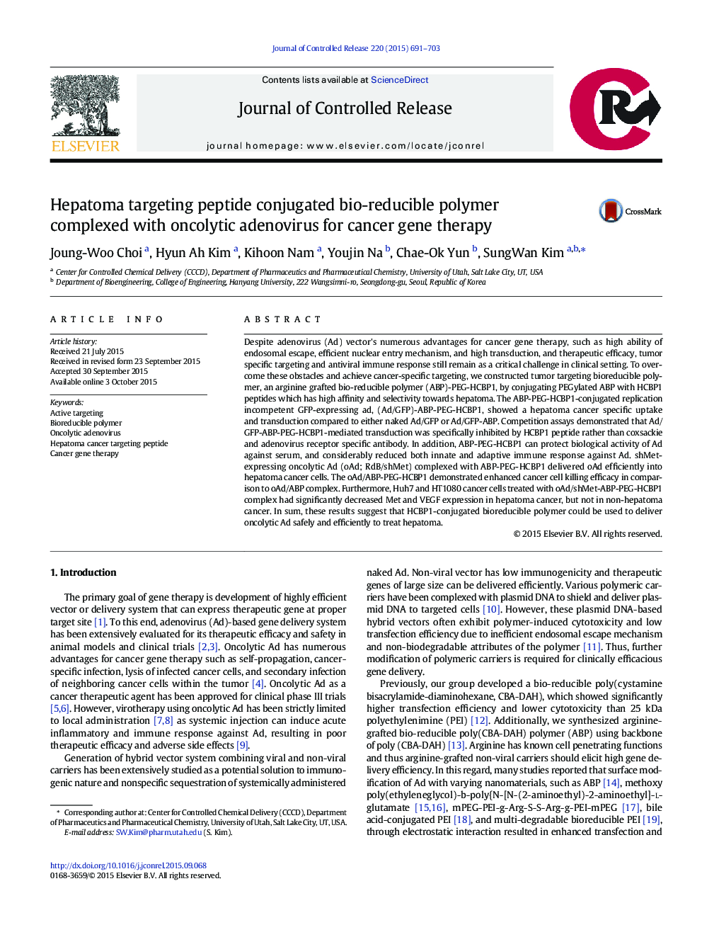 Hepatoma targeting peptide conjugated bio-reducible polymer complexed with oncolytic adenovirus for cancer gene therapy