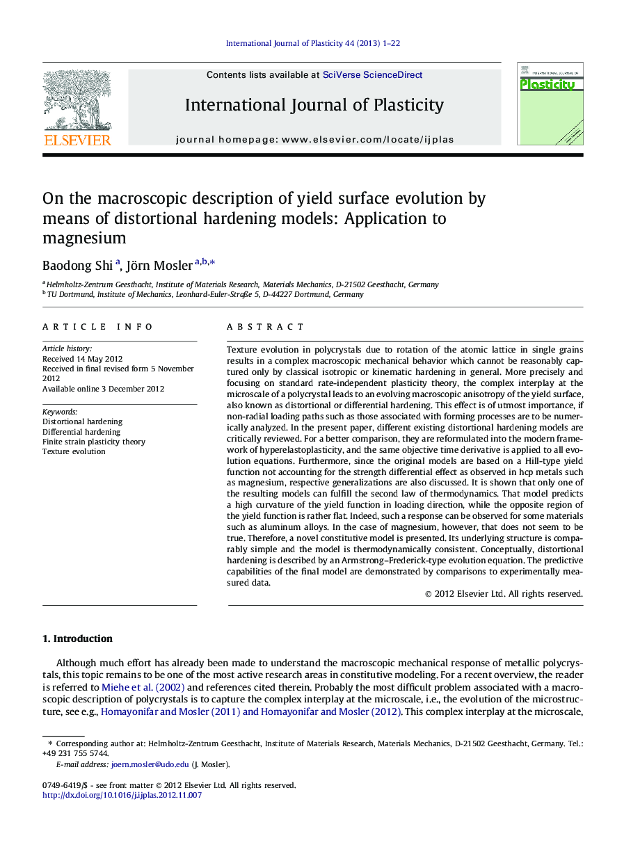 On the macroscopic description of yield surface evolution by means of distortional hardening models: Application to magnesium