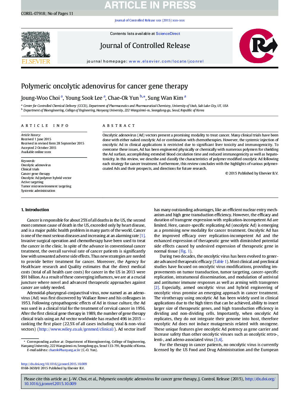 Polymeric oncolytic adenovirus for cancer gene therapy