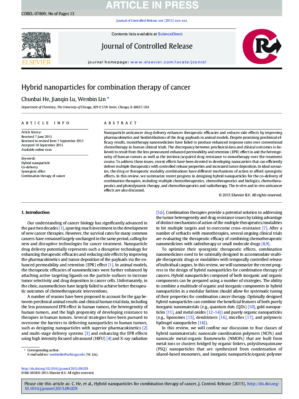 Hybrid nanoparticles for combination therapy of cancer