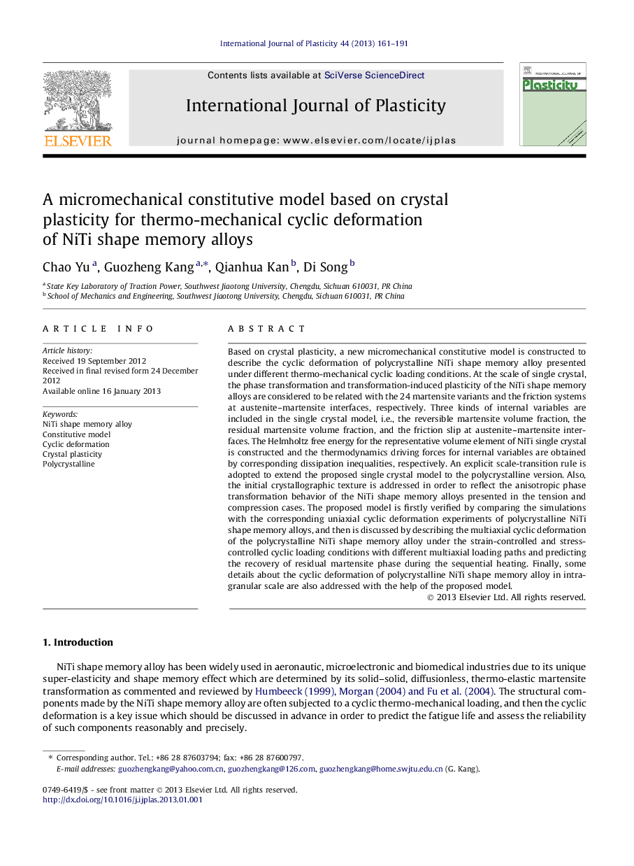 A micromechanical constitutive model based on crystal plasticity for thermo-mechanical cyclic deformation of NiTi shape memory alloys