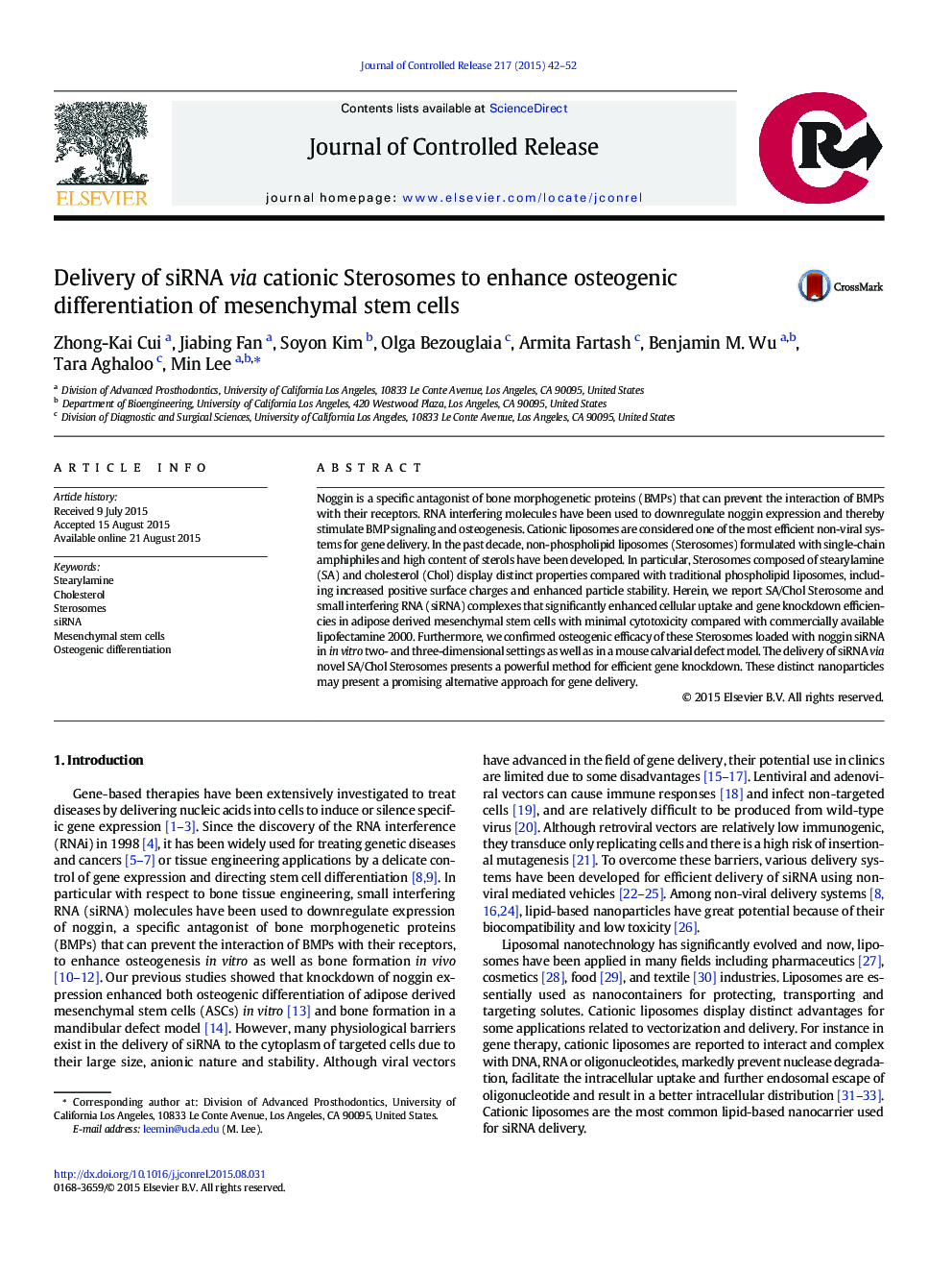 Delivery of siRNA via cationic Sterosomes to enhance osteogenic differentiation of mesenchymal stem cells