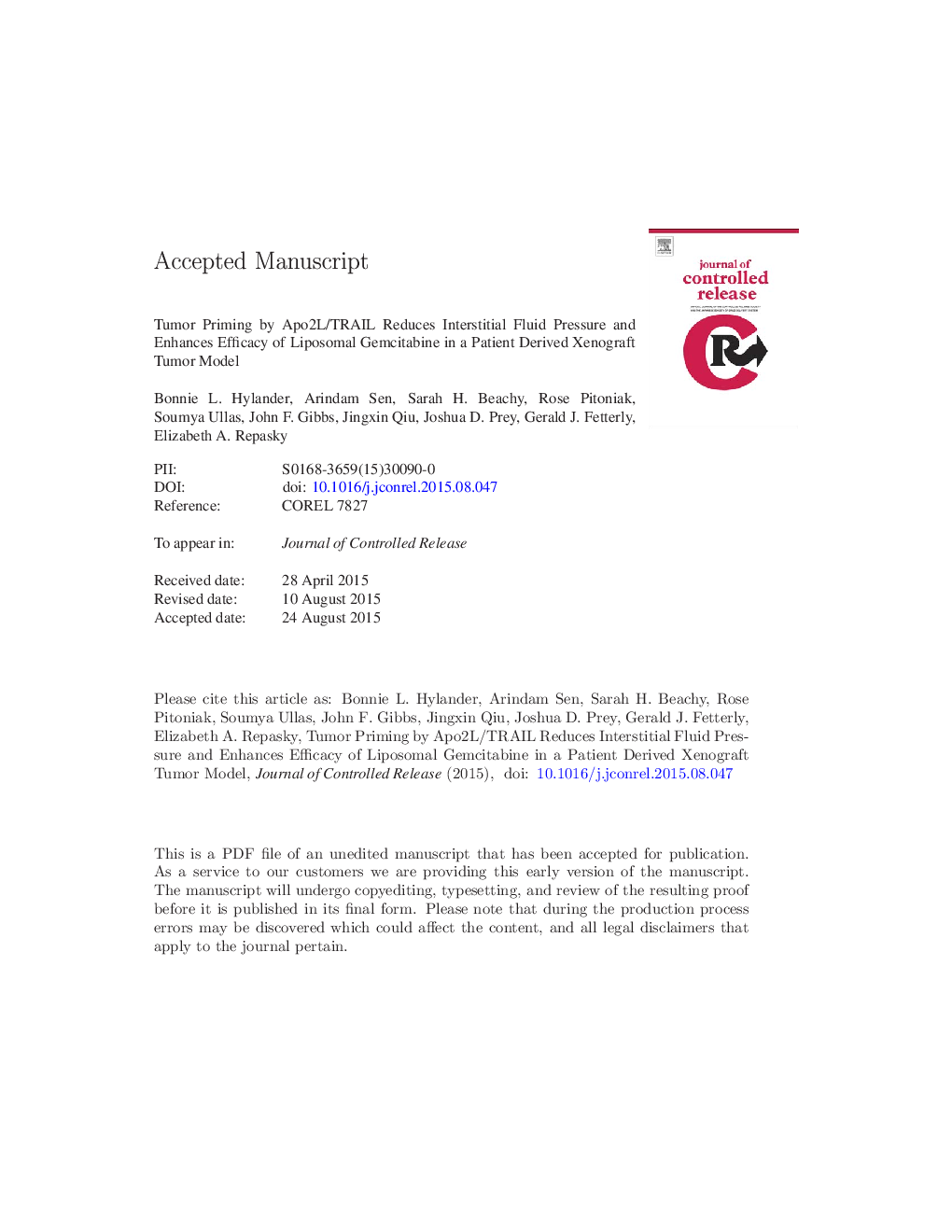 Tumor priming by Apo2L/TRAIL reduces interstitial fluid pressure and enhances efficacy of liposomal gemcitabine in a patient derived xenograft tumor model