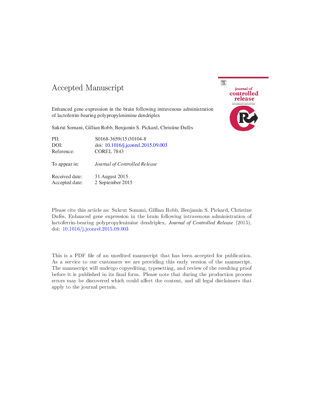 Enhanced gene expression in the brain following intravenous administration of lactoferrin-bearing polypropylenimine dendriplex