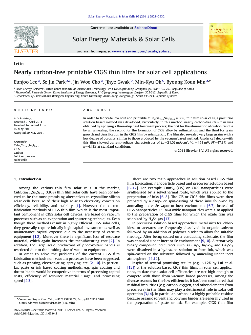 Nearly carbon-free printable CIGS thin films for solar cell applications