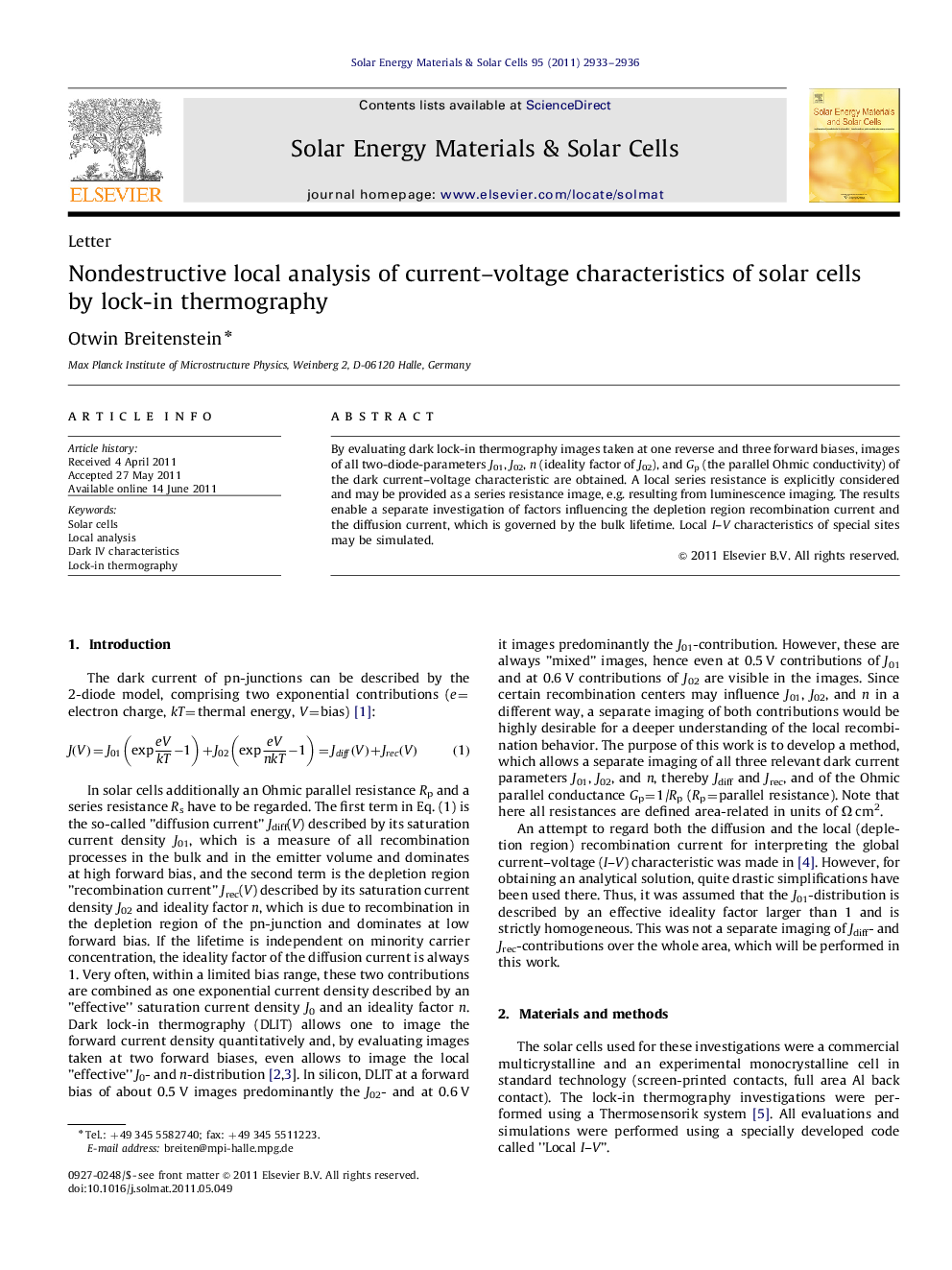 Nondestructive local analysis of current–voltage characteristics of solar cells by lock-in thermography