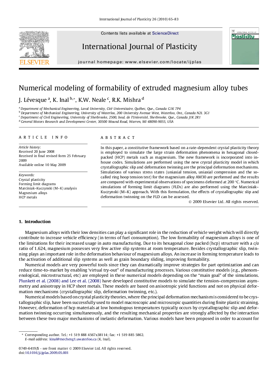 Numerical modeling of formability of extruded magnesium alloy tubes