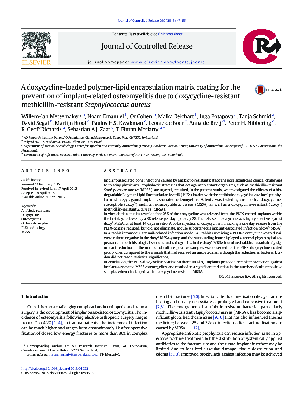 A doxycycline-loaded polymer-lipid encapsulation matrix coating for the prevention of implant-related osteomyelitis due to doxycycline-resistant methicillin-resistant Staphylococcus aureus