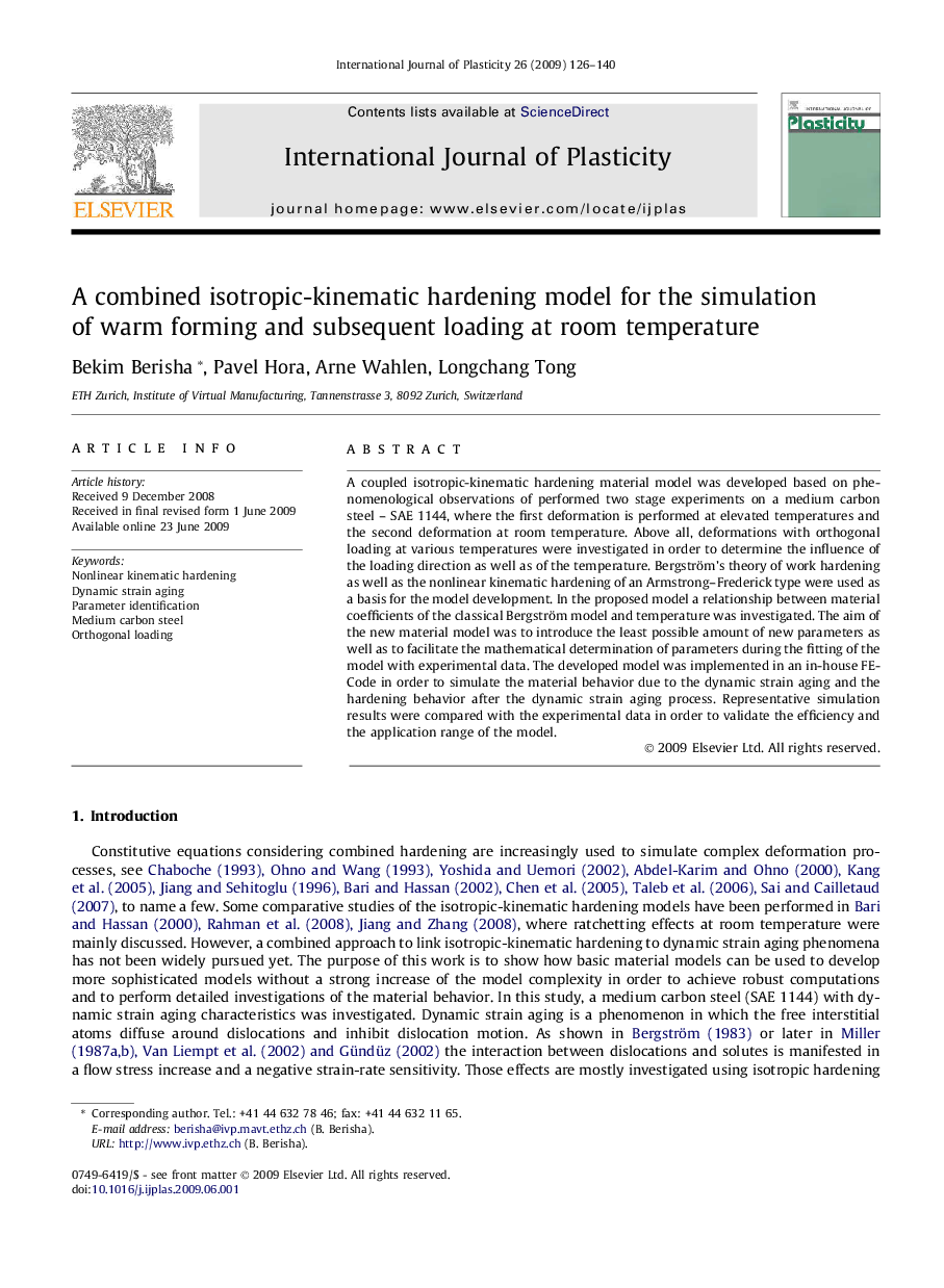 A combined isotropic-kinematic hardening model for the simulation of warm forming and subsequent loading at room temperature