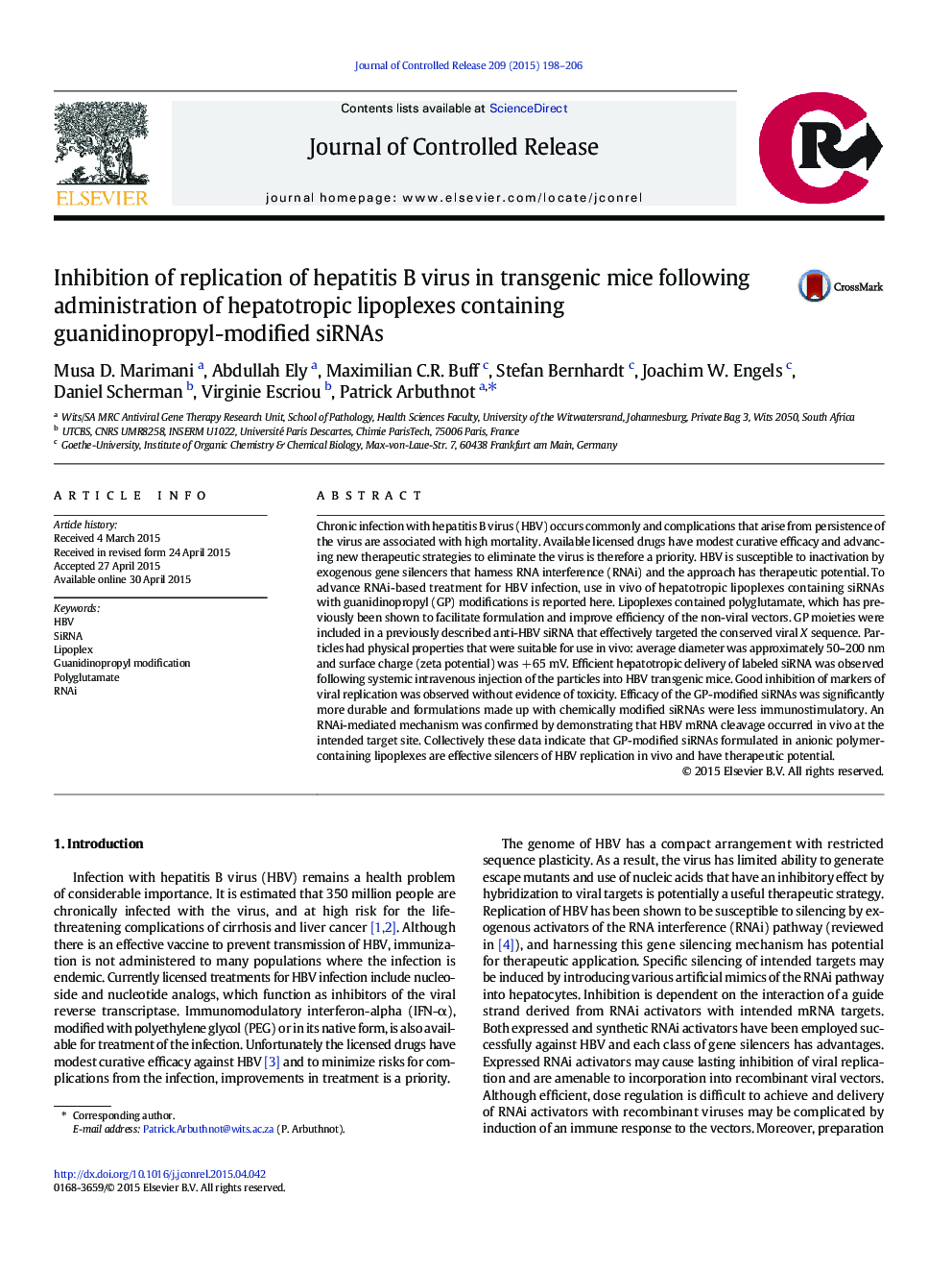 Inhibition of replication of hepatitis B virus in transgenic mice following administration of hepatotropic lipoplexes containing guanidinopropyl-modified siRNAs