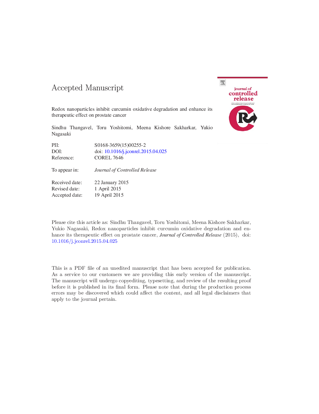 Redox nanoparticles inhibit curcumin oxidative degradation and enhance its therapeutic effect on prostate cancer