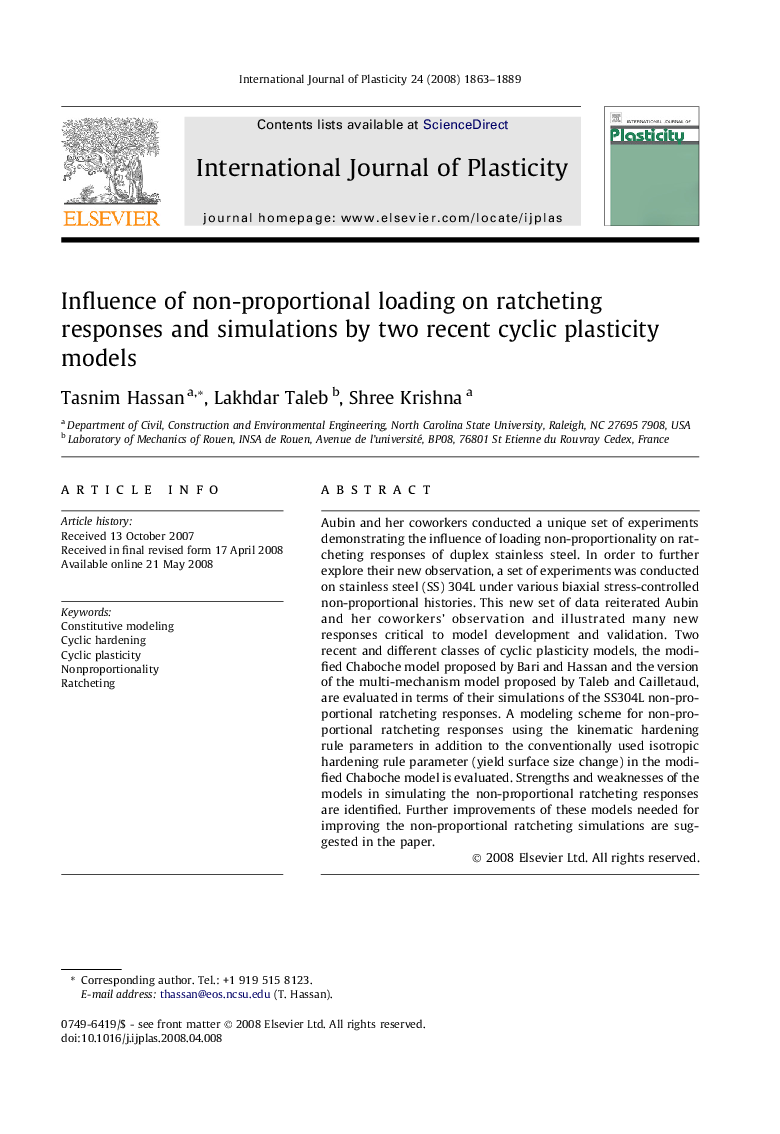 Influence of non-proportional loading on ratcheting responses and simulations by two recent cyclic plasticity models