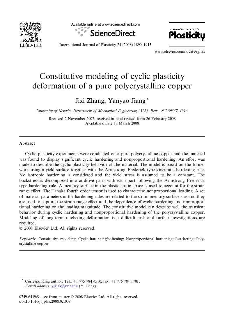 Constitutive modeling of cyclic plasticity deformation of a pure polycrystalline copper