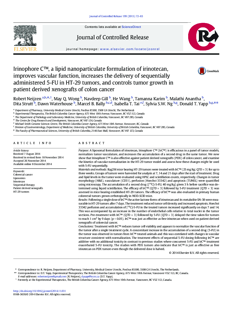 Irinophore Câ¢, a lipid nanoparticulate formulation of irinotecan, improves vascular function, increases the delivery of sequentially administered 5-FU in HT-29 tumors, and controls tumor growth in patient derived xenografts of colon cancer