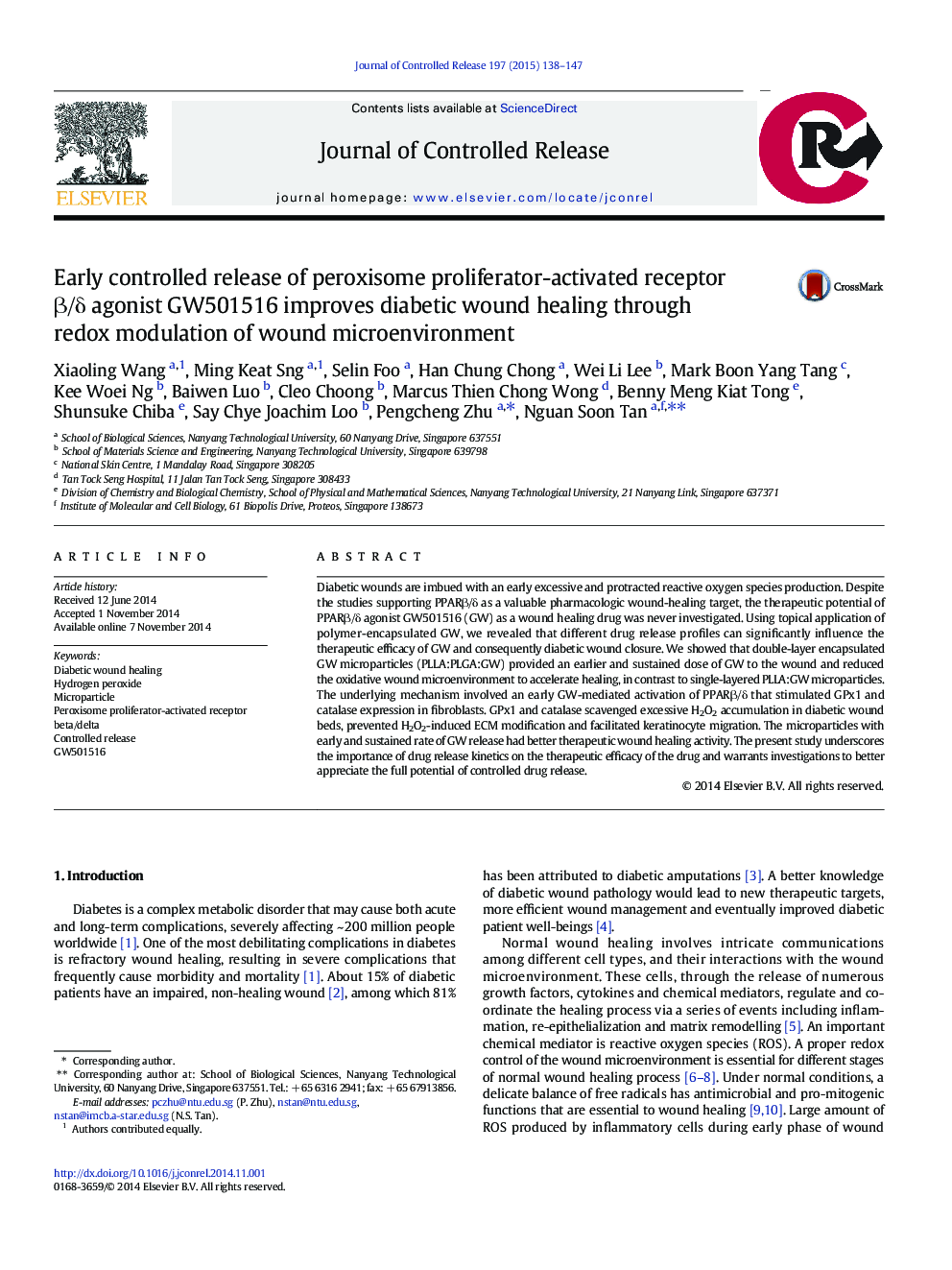 Early controlled release of peroxisome proliferator-activated receptor Î²/Î´ agonist GW501516 improves diabetic wound healing through redox modulation of wound microenvironment