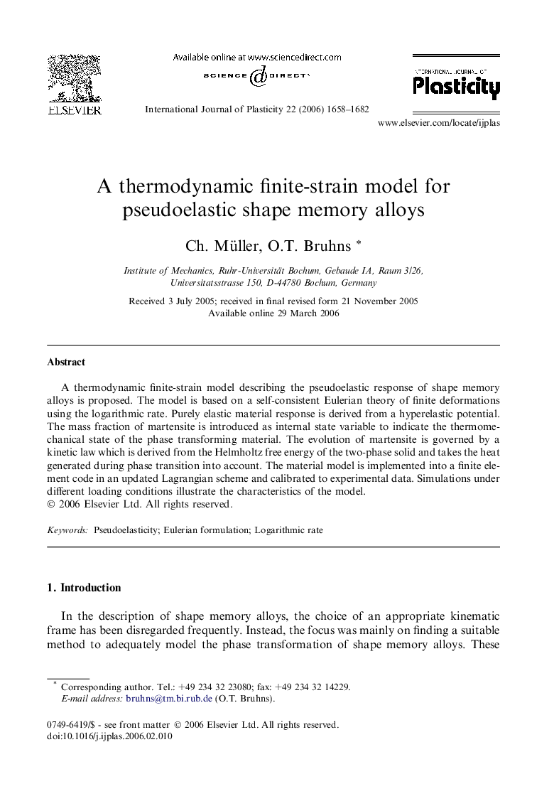 A thermodynamic finite-strain model for pseudoelastic shape memory alloys