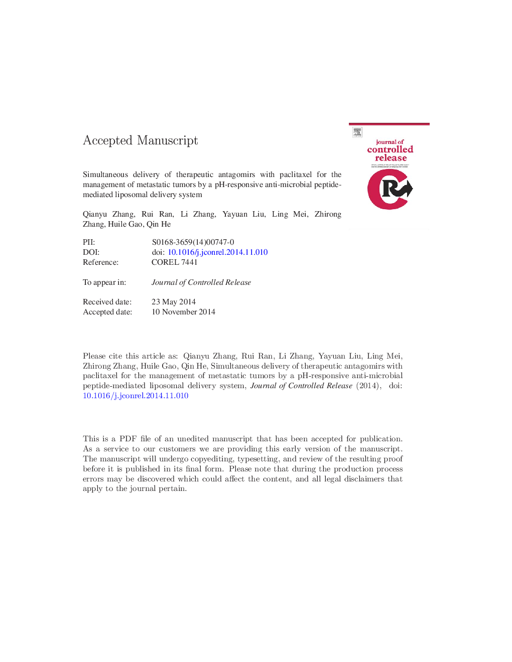 Simultaneous delivery of therapeutic antagomirs with paclitaxel for the management of metastatic tumors by a pH-responsive anti-microbial peptide-mediated liposomal delivery system