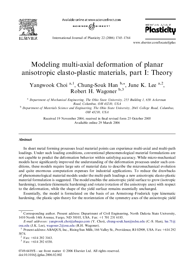 Modeling multi-axial deformation of planar anisotropic elasto-plastic materials, part I: Theory