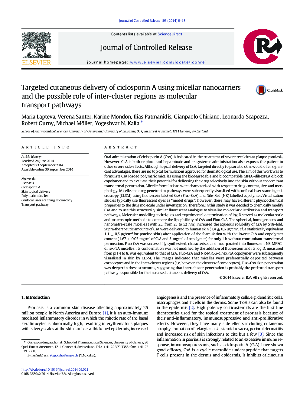 Targeted cutaneous delivery of ciclosporin A using micellar nanocarriers and the possible role of inter-cluster regions as molecular transport pathways