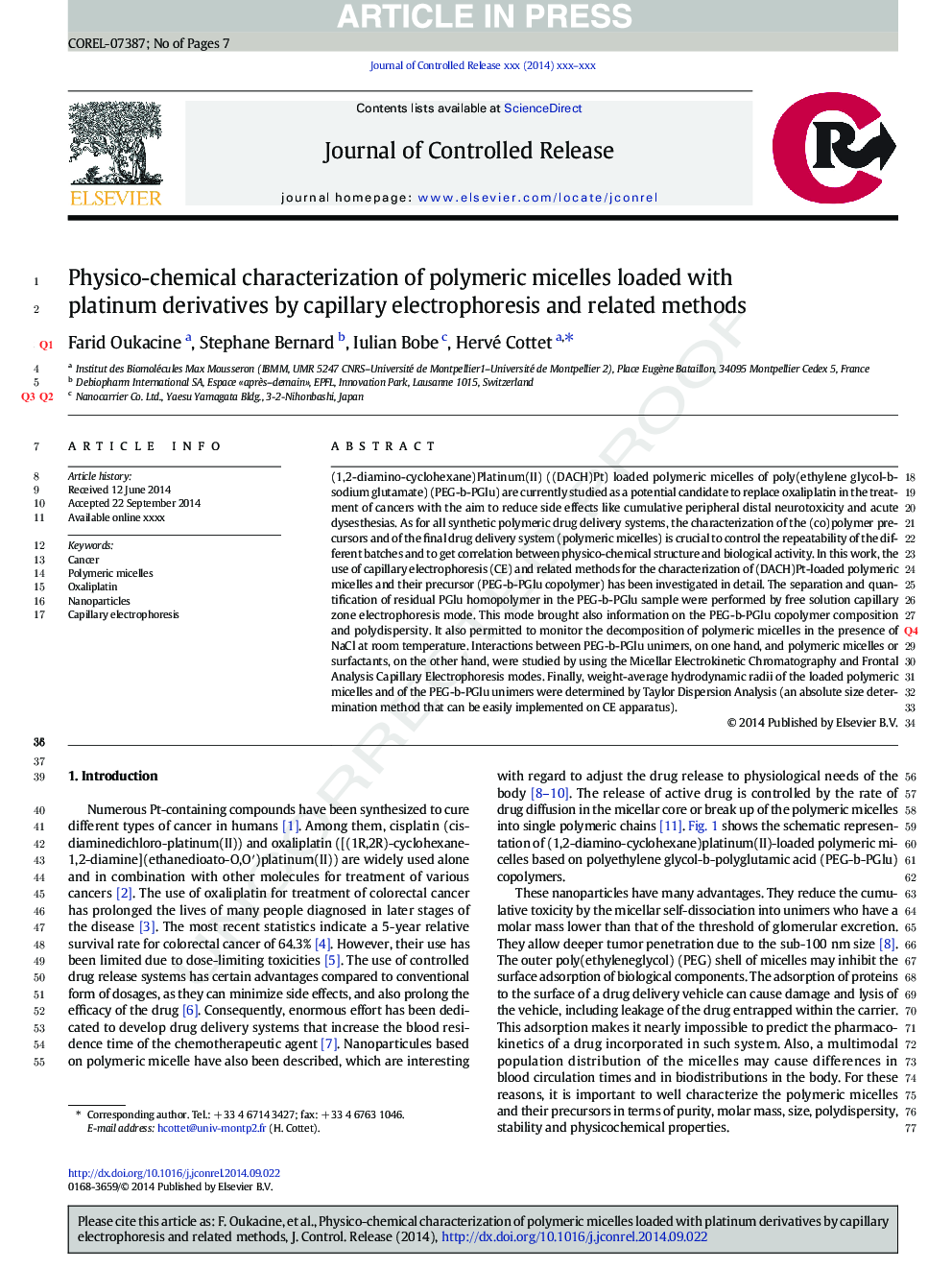 Physico-chemical characterization of polymeric micelles loaded with platinum derivatives by capillary electrophoresis and related methods