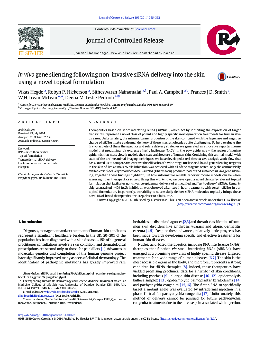 In vivo gene silencing following non-invasive siRNA delivery into the skin using a novel topical formulation