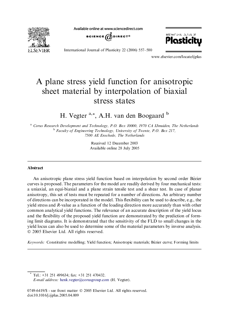 A plane stress yield function for anisotropic sheet material by interpolation of biaxial stress states