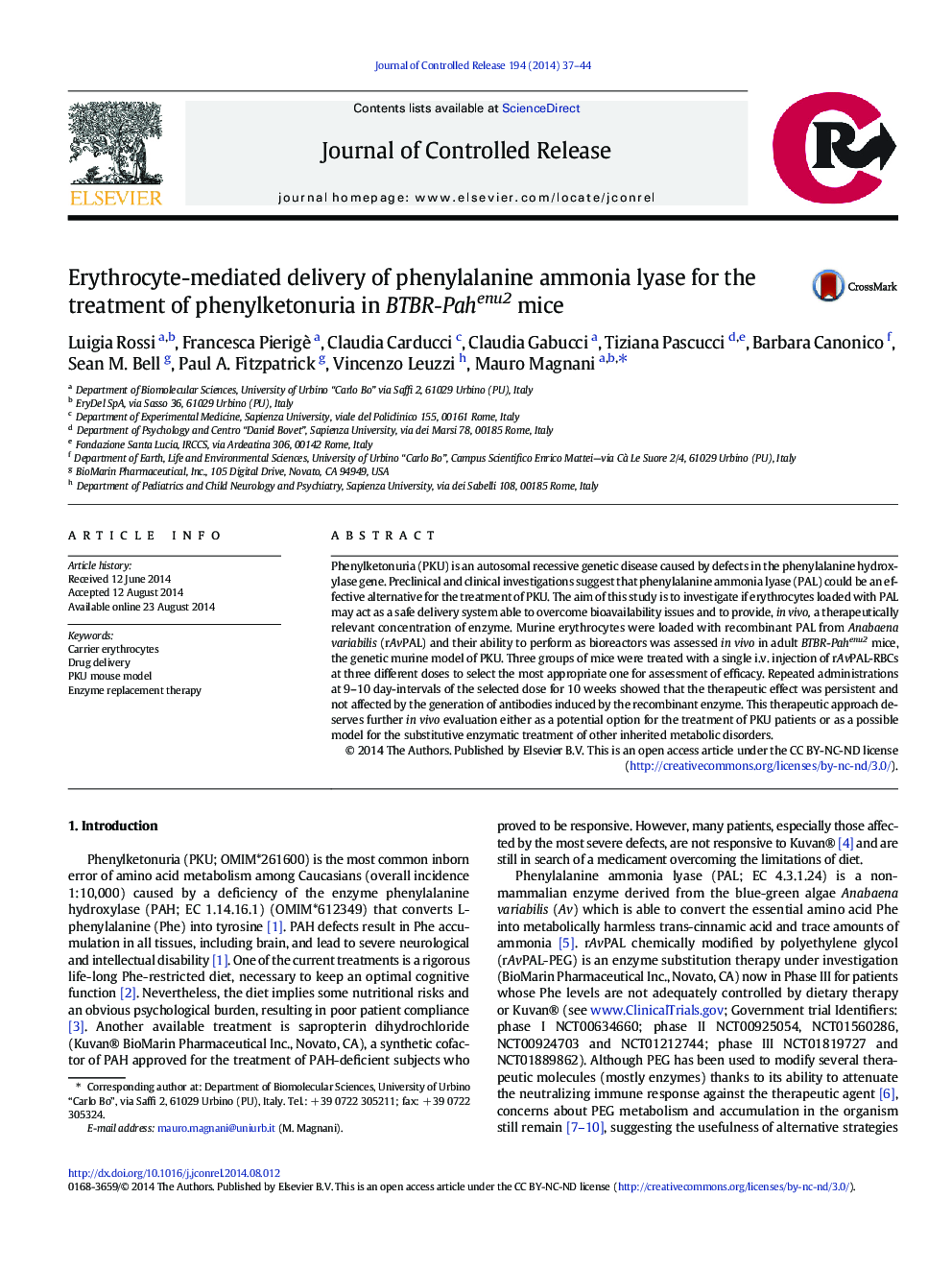 Erythrocyte-mediated delivery of phenylalanine ammonia lyase for the treatment of phenylketonuria in BTBR-Pahenu2 mice