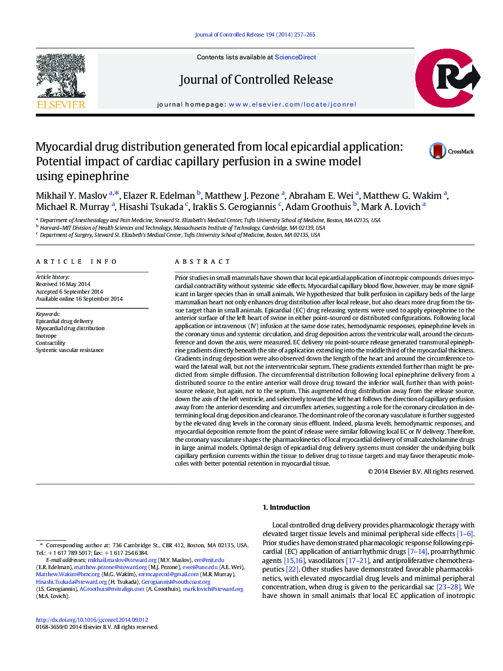 Myocardial drug distribution generated from local epicardial application: Potential impact of cardiac capillary perfusion in a swine model using epinephrine