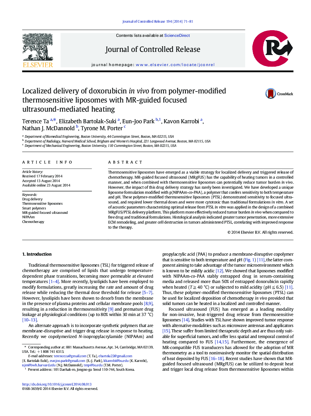 Localized delivery of doxorubicin in vivo from polymer-modified thermosensitive liposomes with MR-guided focused ultrasound-mediated heating