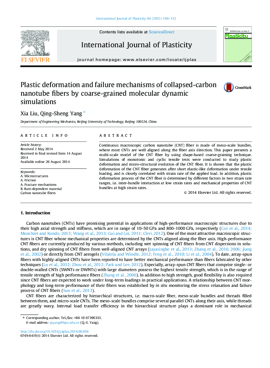 Plastic deformation and failure mechanisms of collapsed-carbon nanotube fibers by coarse-grained molecular dynamic simulations