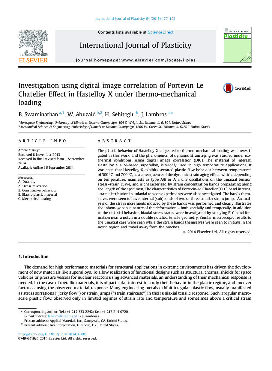 Investigation using digital image correlation of Portevin-Le Chatelier Effect in Hastelloy X under thermo-mechanical loading