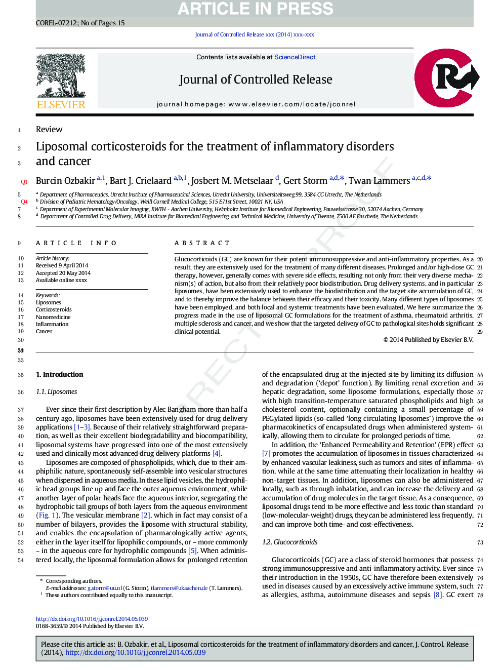 Liposomal corticosteroids for the treatment of inflammatory disorders and cancer