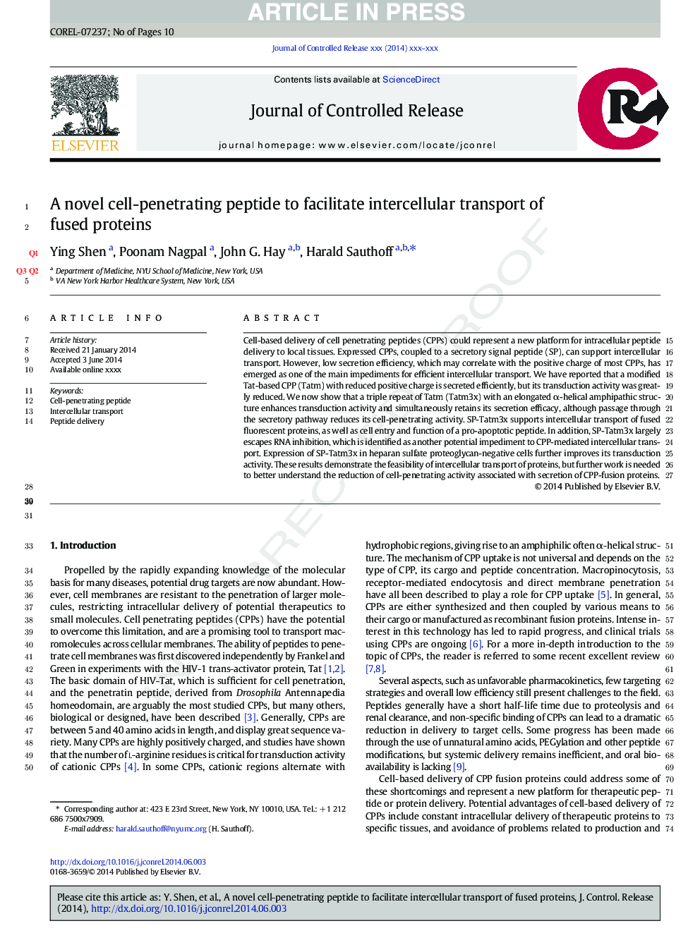 A novel cell-penetrating peptide to facilitate intercellular transport of fused proteins