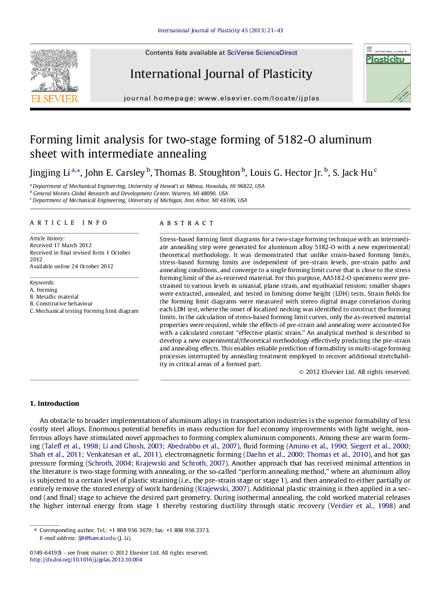 Forming limit analysis for two-stage forming of 5182-O aluminum sheet with intermediate annealing