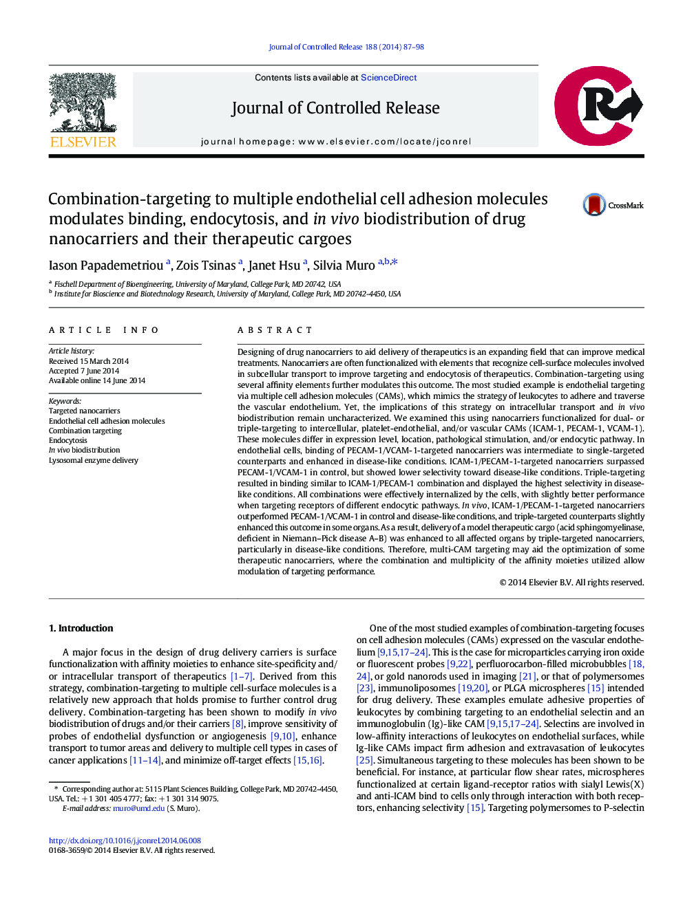 Combination-targeting to multiple endothelial cell adhesion molecules modulates binding, endocytosis, and in vivo biodistribution of drug nanocarriers and their therapeutic cargoes