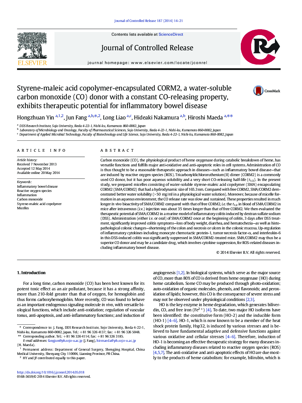 Styrene-maleic acid copolymer-encapsulated CORM2, a water-soluble carbon monoxide (CO) donor with a constant CO-releasing property, exhibits therapeutic potential for inflammatory bowel disease