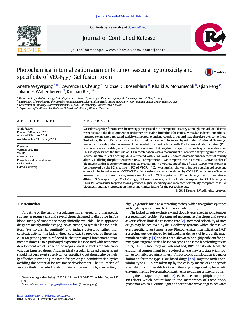 Photochemical internalization augments tumor vascular cytotoxicity and specificity of VEGF121/rGel fusion toxin