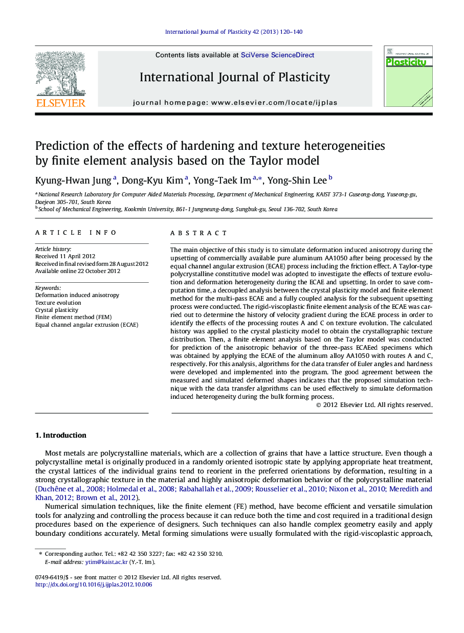 عکس صفحه اول مقاله: Prediction of the effects of hardening and texture heterogeneities by finite element analysis based on the Taylor model Prediction of the effects of hardening and texture heterogeneities by finite element analysis based on the Taylor model