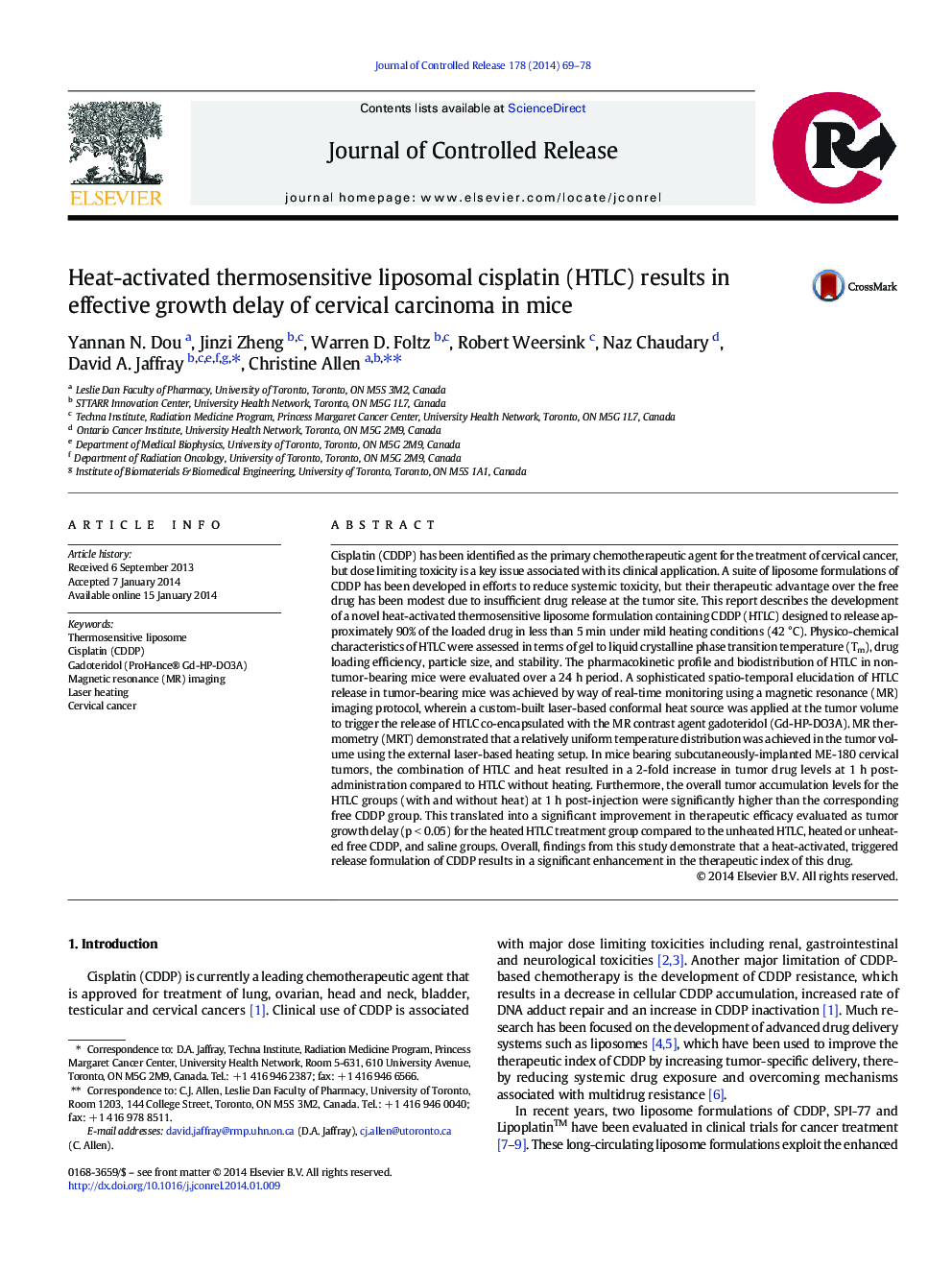 Heat-activated thermosensitive liposomal cisplatin (HTLC) results in effective growth delay of cervical carcinoma in mice