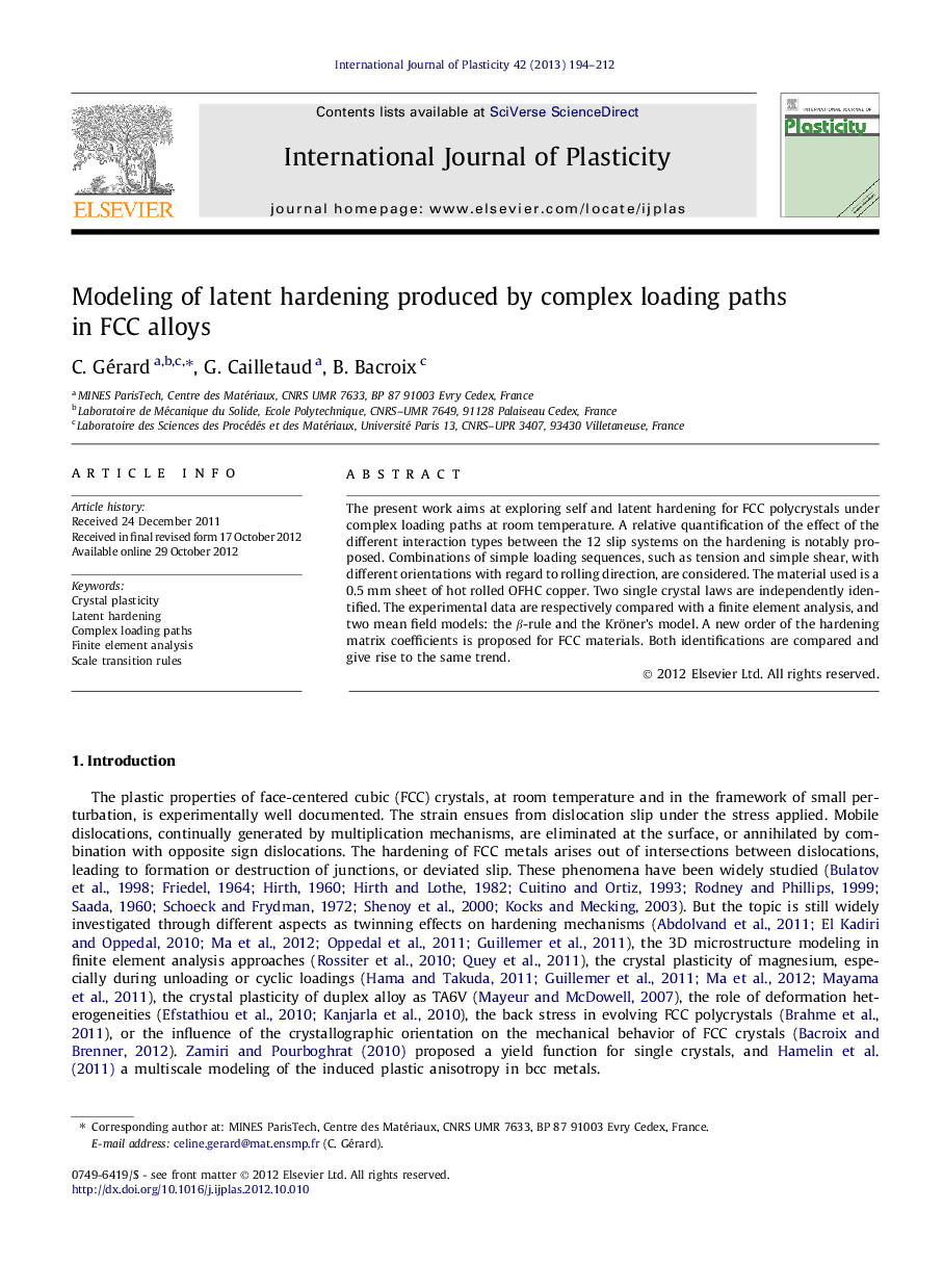 Modeling of latent hardening produced by complex loading paths in FCC alloys