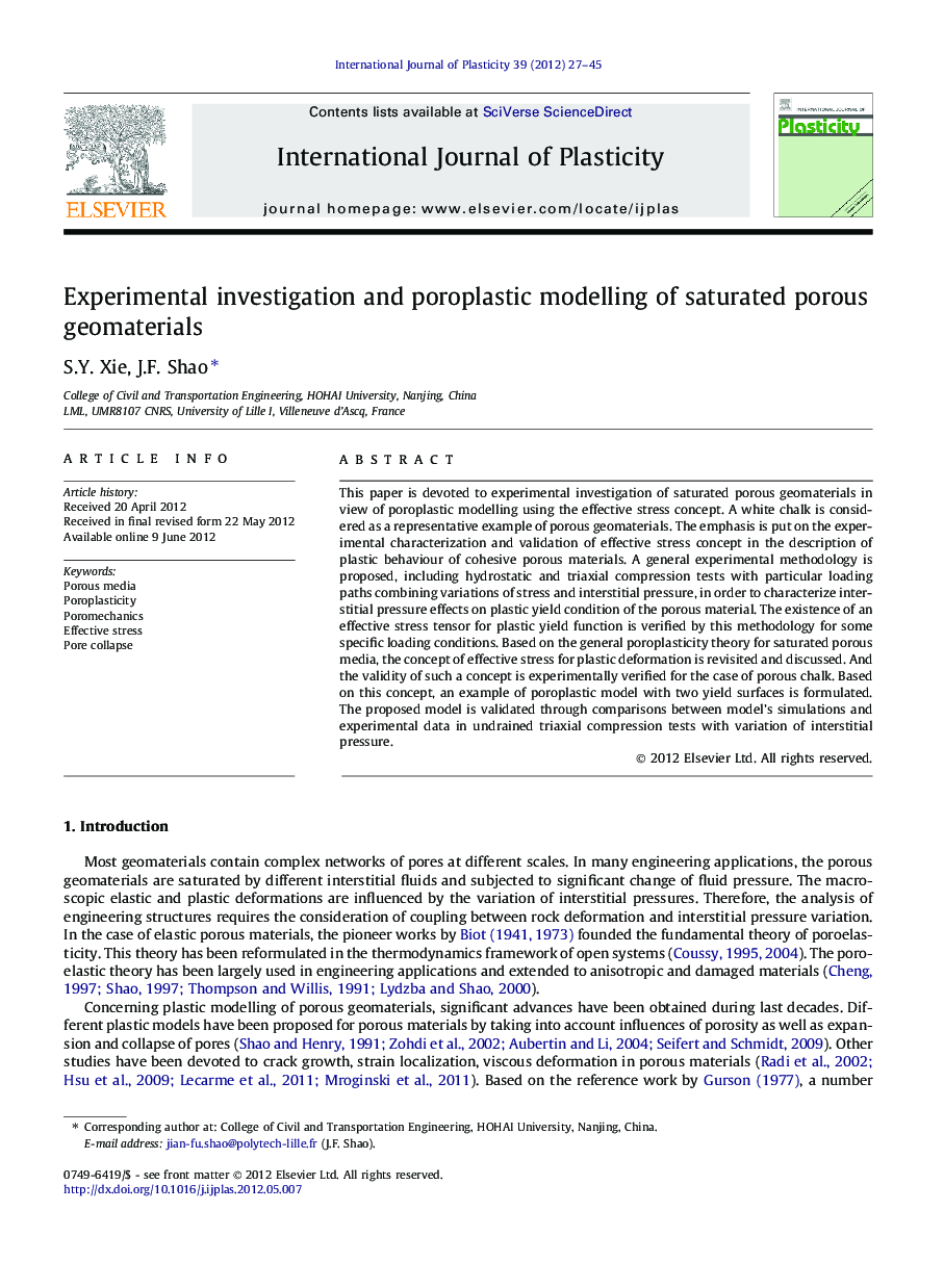 Experimental investigation and poroplastic modelling of saturated porous geomaterials