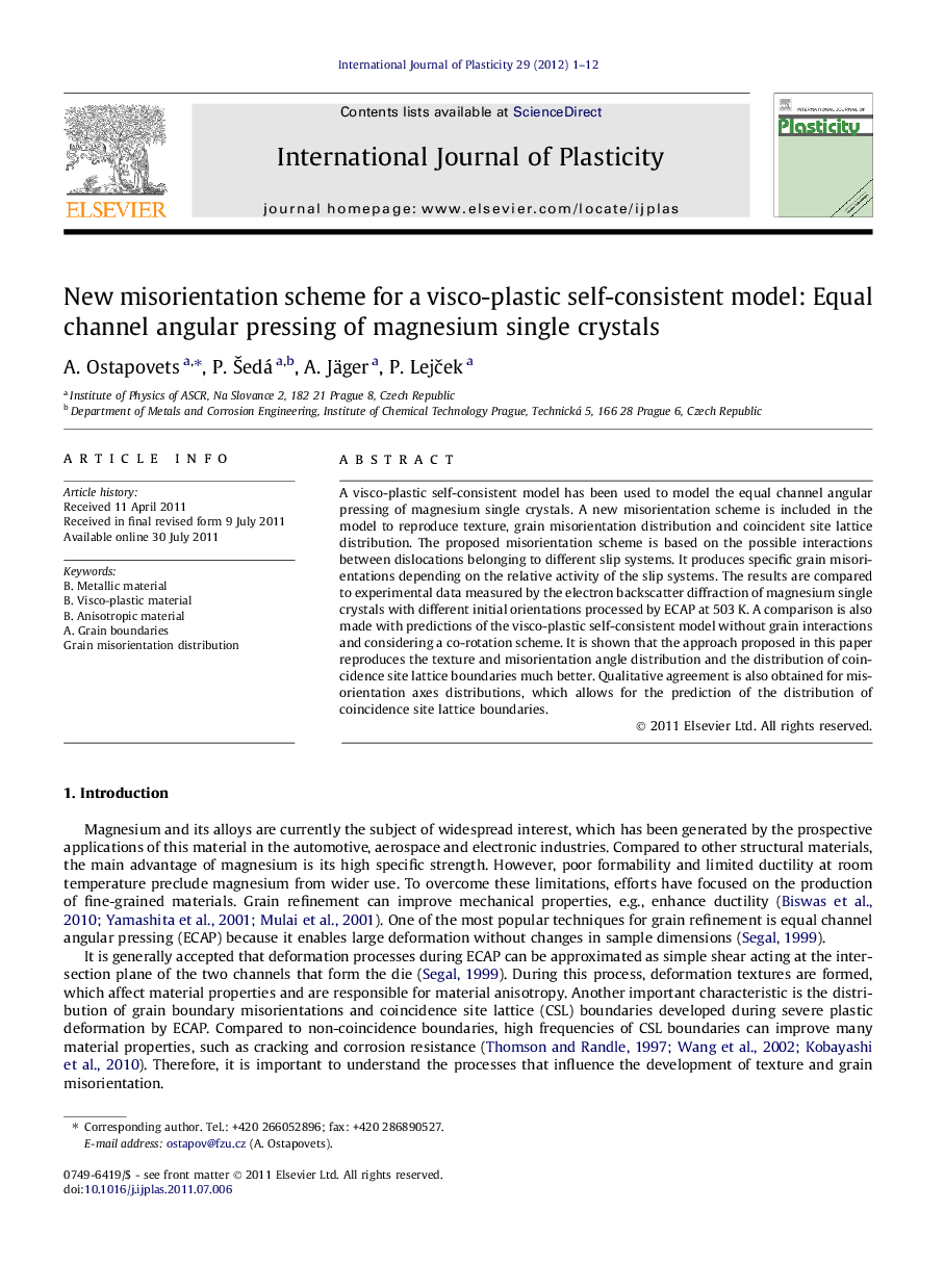 New misorientation scheme for a visco-plastic self-consistent model: Equal channel angular pressing of magnesium single crystals