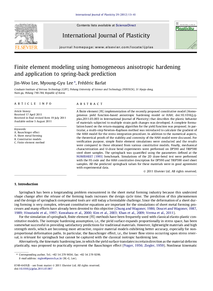 Finite element modeling using homogeneous anisotropic hardening and application to spring-back prediction