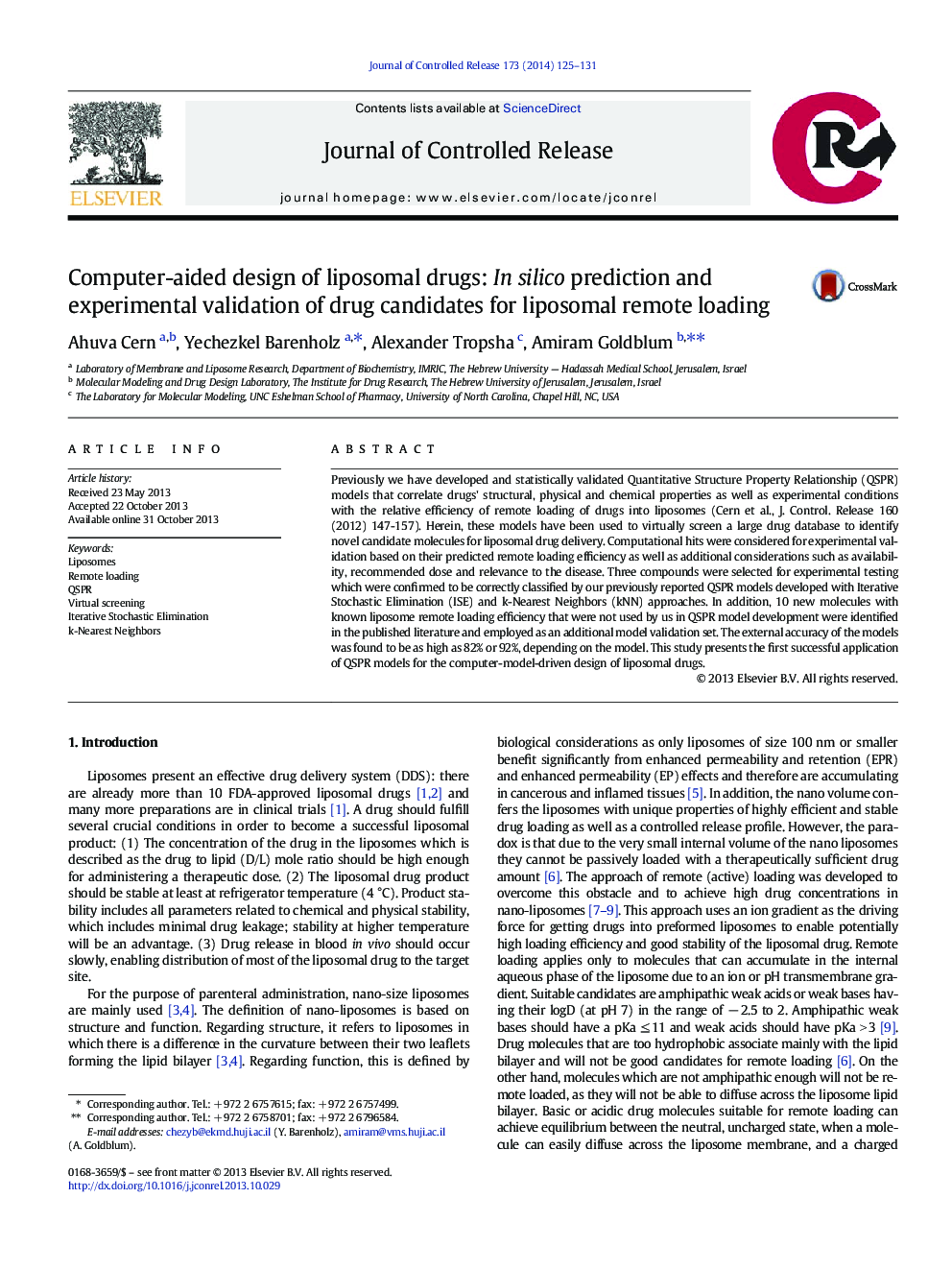 Computer-aided design of liposomal drugs: In silico prediction and experimental validation of drug candidates for liposomal remote loading