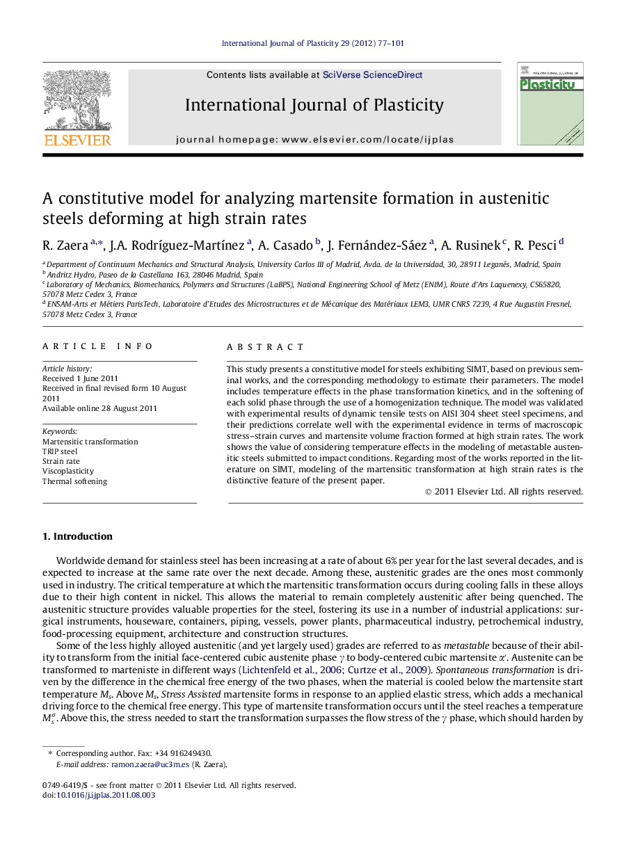 A constitutive model for analyzing martensite formation in austenitic steels deforming at high strain rates