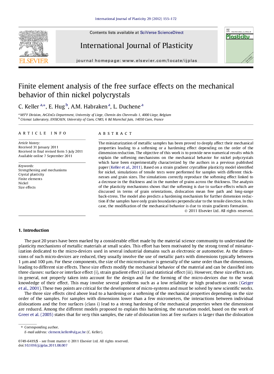 Finite element analysis of the free surface effects on the mechanical behavior of thin nickel polycrystals