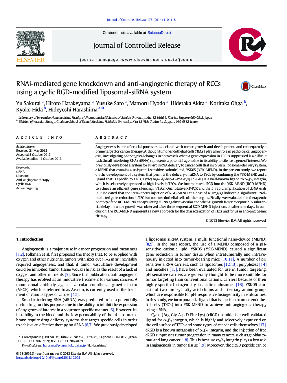 عکس صفحه اول مقاله: RNAi-mediated gene knockdown and anti-angiogenic therapy of RCCs using a cyclic RGD-modified liposomal-siRNA system RNAi-mediated gene knockdown and anti-angiogenic therapy of RCCs using a cyclic RGD-modified liposomal-siRNA system