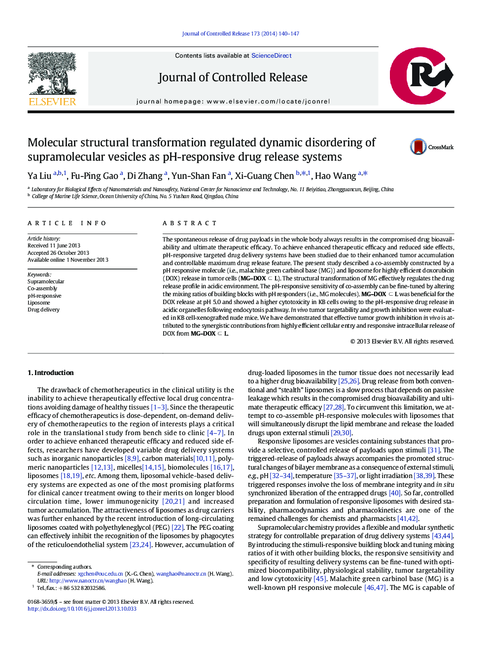 عکس صفحه اول مقاله: Molecular structural transformation regulated dynamic disordering of supramolecular vesicles as pH-responsive drug release systems Molecular structural transformation regulated dynamic disordering of supramolecular vesicles as pH-responsive drug release systems