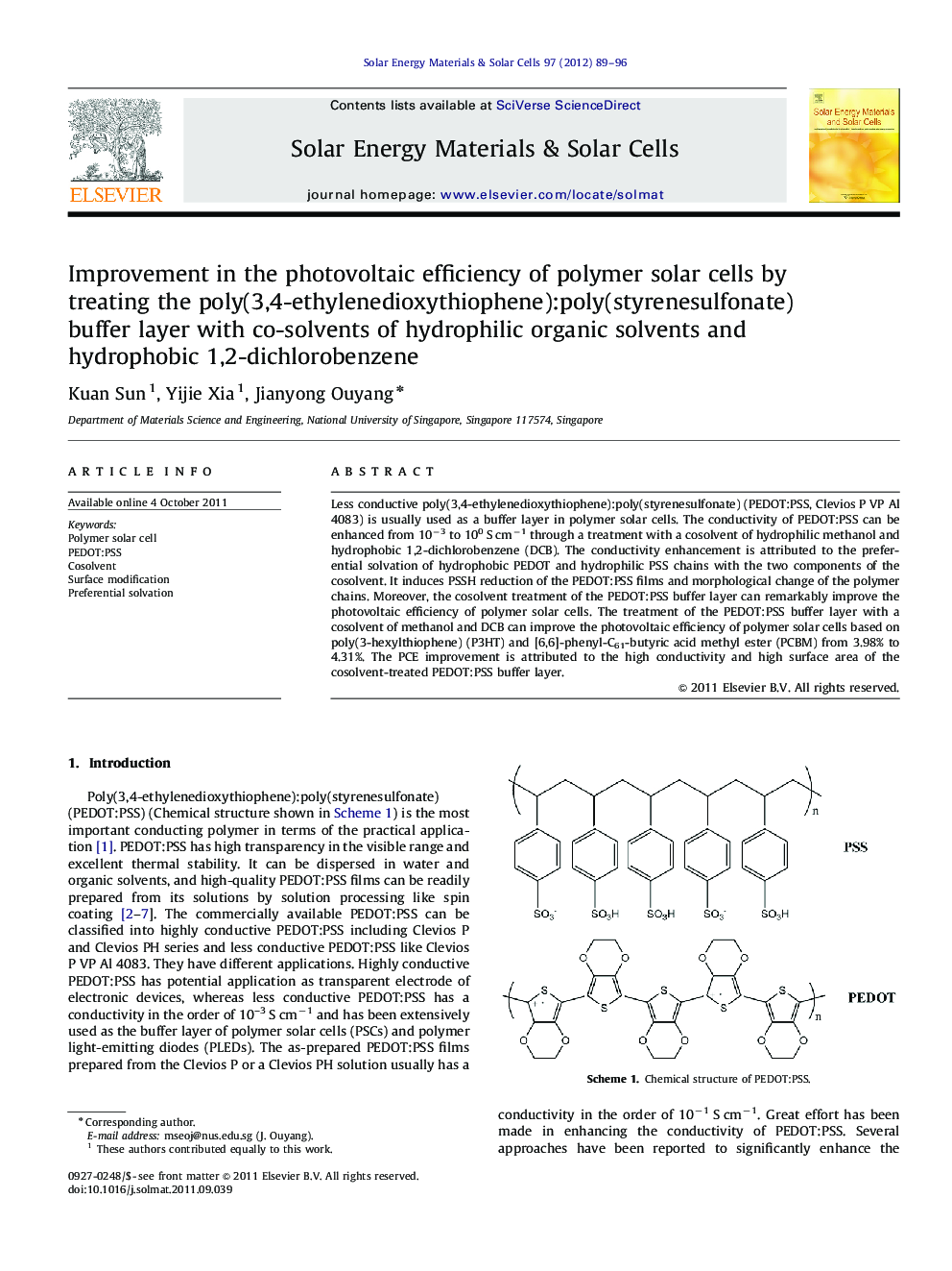 Improvement in the photovoltaic efficiency of polymer solar cells by treating the poly(3,4-ethylenedioxythiophene):poly(styrenesulfonate) buffer layer with co-solvents of hydrophilic organic solvents and hydrophobic 1,2-dichlorobenzene