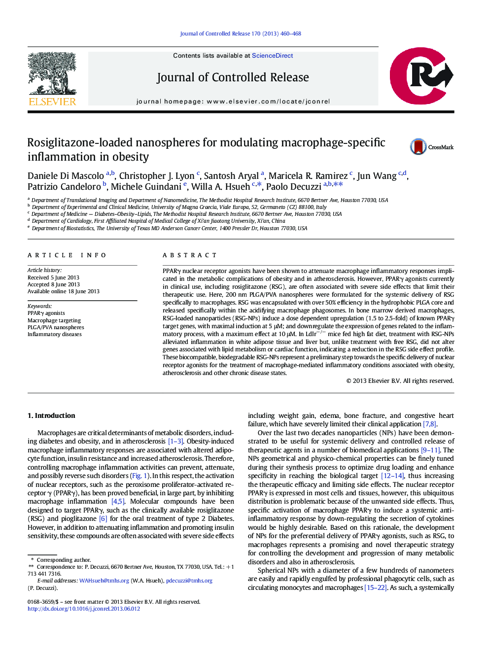 Rosiglitazone-loaded nanospheres for modulating macrophage-specific inflammation in obesity